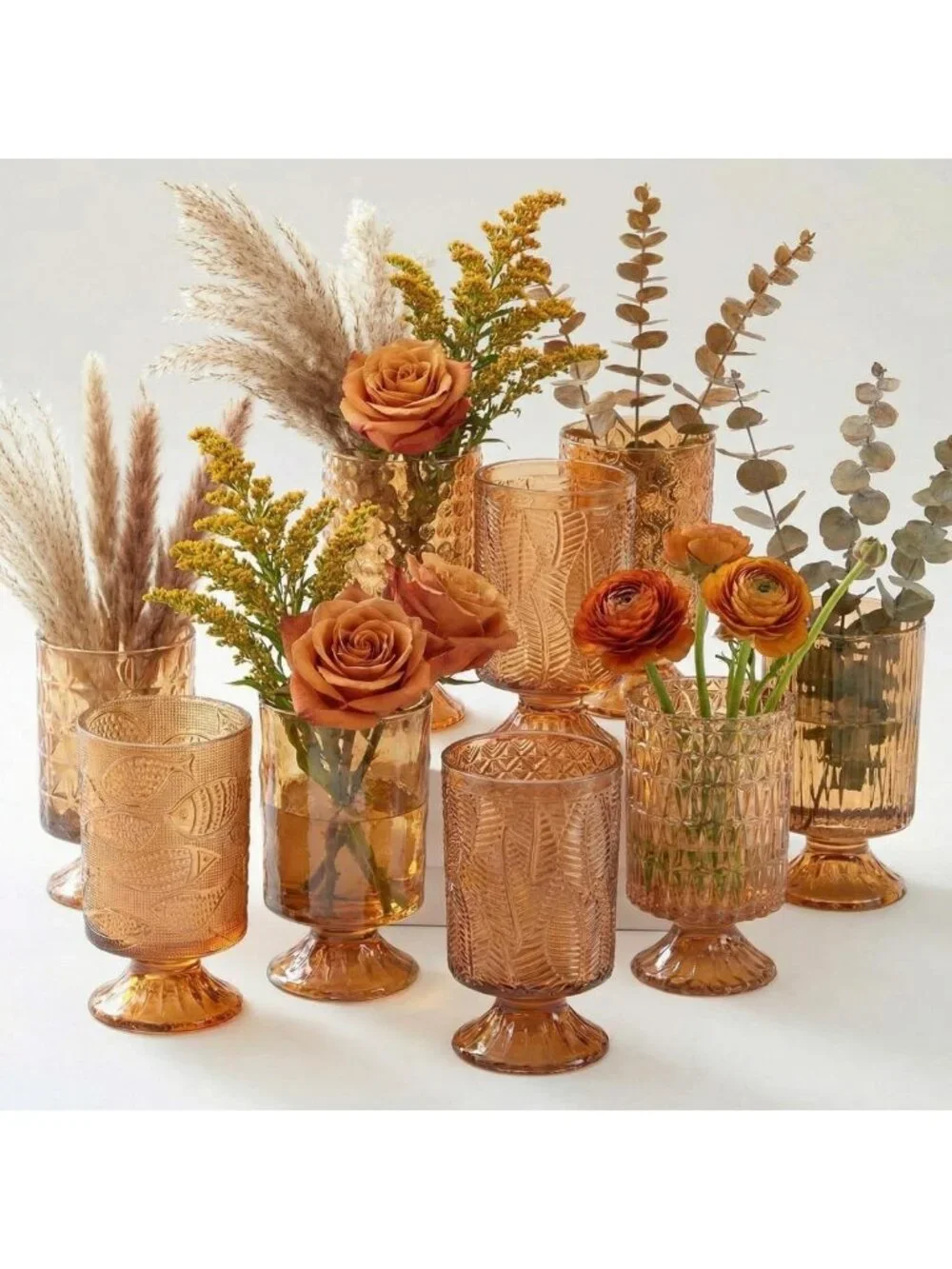 Set of 9 Embossed Flower Glass Vases - Pedestal Design, 7” H x 4” W, Home Decor